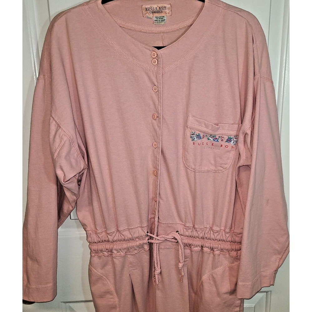 Vtg 90s BUGLE BOY Pink Cotton Jumpsuit Women Coveralls Rare Buttons Flowers Sz M
